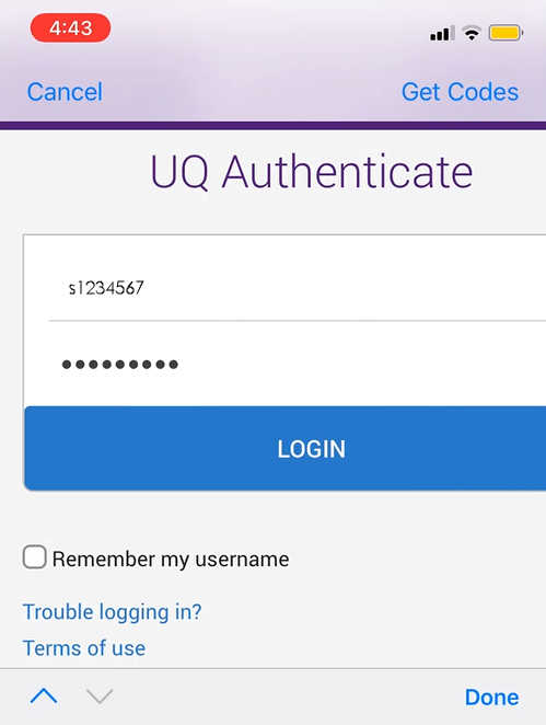 UQ authenticate page completed with student UQ credentials